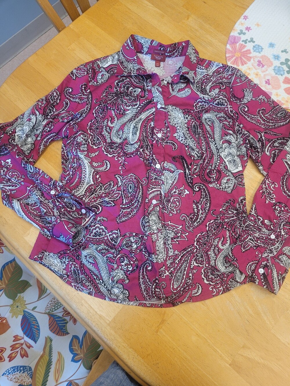 Talbots Paisley Blouse Button Down Shirt Pink White Black Petite 12P